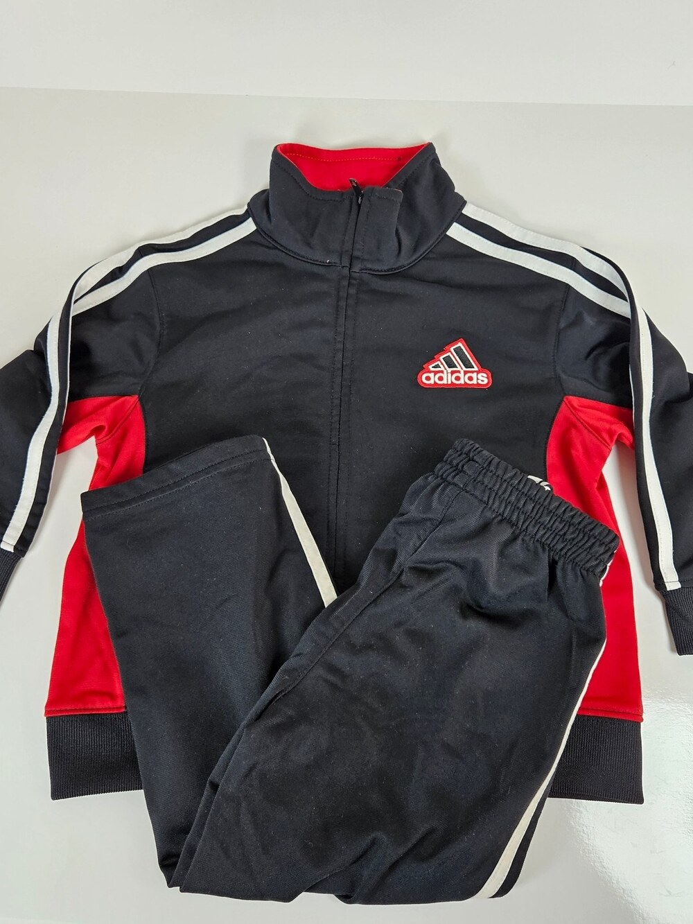 Adidas Track Suit 2-Piece Zip Jacket Pants Black Red 3-Stripe Boys Size 3T